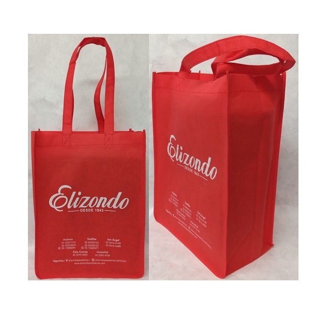 Sewn bag with handles, side and bottom gusset
